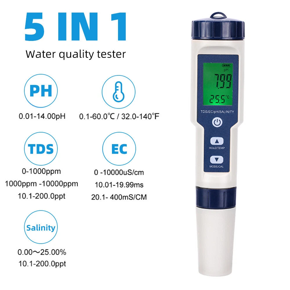 5 in1 PH Meter Digital TDS/EC/Salinity/Temperature Tester Pen